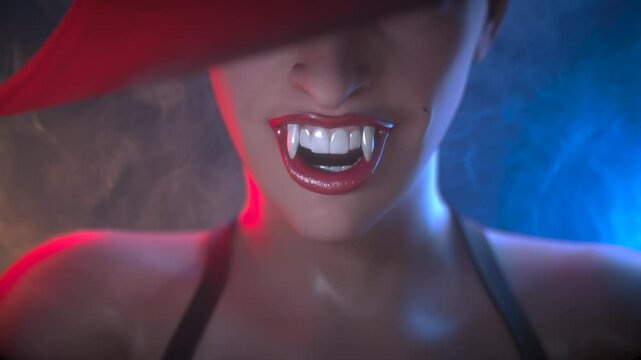 A close-up portrait of a vampire's teeth of a veracious witch woman 3d render 