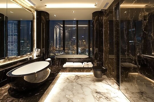 Fototapeta A modern bathroom with a freestanding bathtub and a view of the city at night. The bathroom is decorated with marble and features a large window.