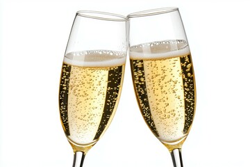 Two champagne glasses are filled with bubbly champagne