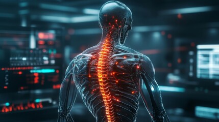 The artwork showcases a translucent human figure with a luminescent spine positioned in an advanced medical facility. The atmosphere is illuminated with digital interfaces and soft lighting.