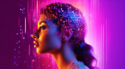 Futuristic Woman's Silhouette with Cyber Brain, Neon Pink and Purple, AI and Neural Network Concept
