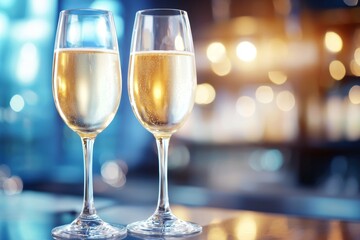 Two glasses of champagne on a table with a blurry background