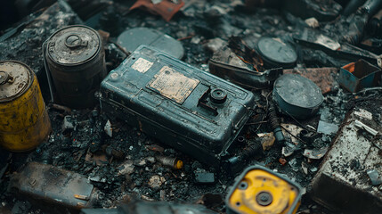 Discarded Old Car Batteries, Oil Cans, and Engine Parts in an Abandoned Junkyard
