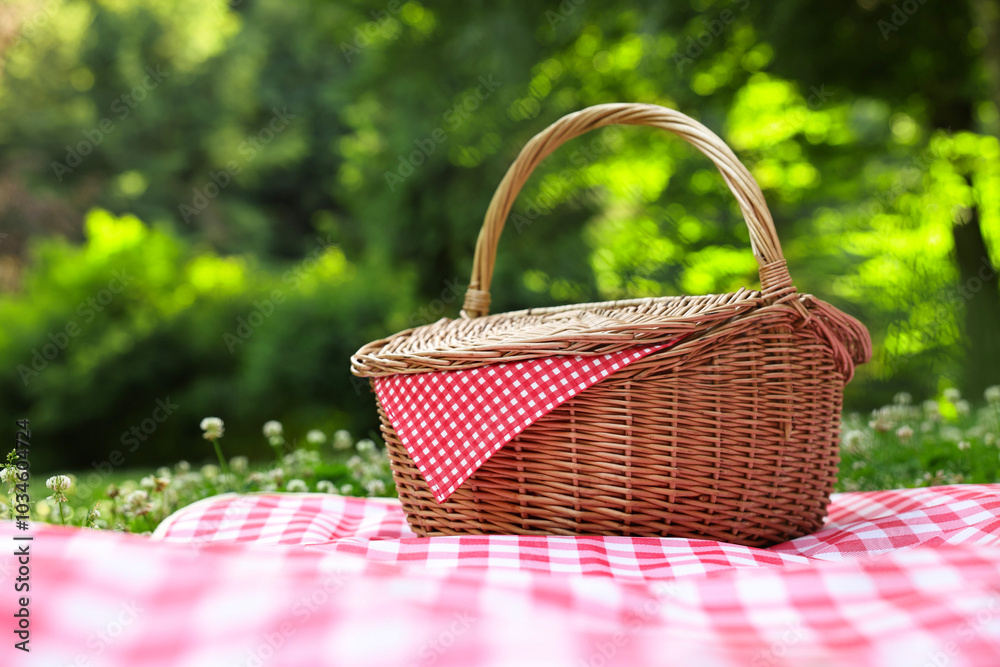 Poster One picnic wicker basket with checkered napkin and blanket on green grass. Space for text