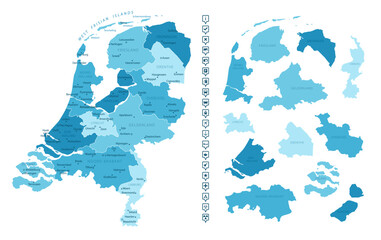 Netherlands - detailed map of the country in blue colors, divided into regions. Infographic icons. Vector illustration.