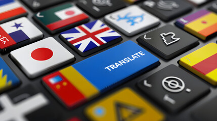 Translation Concept with International Flags and a Translate Button on a Keyboard 