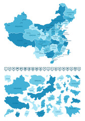 Fototapeta premium China - detailed map of the country in blue colors, divided into regions. Infographic icons. Vector illustration.