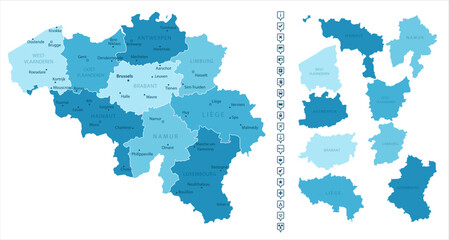 Fototapeta premium Belgium - detailed map of the country in blue colors, divided into regions. Infographic icons. Vector illustration.