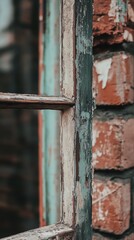 Old wooden window frame with peeling paint against brick wall