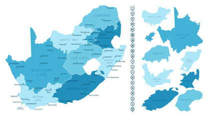 South Africa - detailed map of the country in blue colors, divided into regions. Infographic icons. Vector illustration.