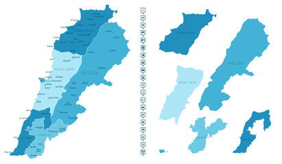 Obraz premium Lebanon - detailed map of the country in blue colors, divided into regions. Infographic icons. Vector illustration.
