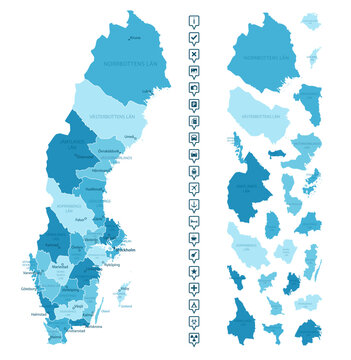 Sweden - detailed map of the country in blue colors, divided into regions. Infographic icons. Vector illustration.