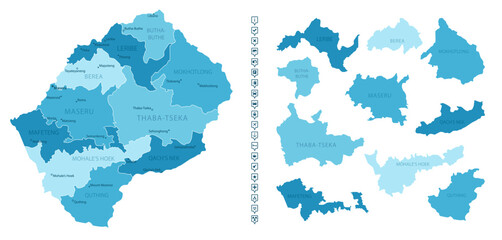 Lesotho - detailed map of the country in blue colors, divided into regions. Infographic icons. Vector illustration.