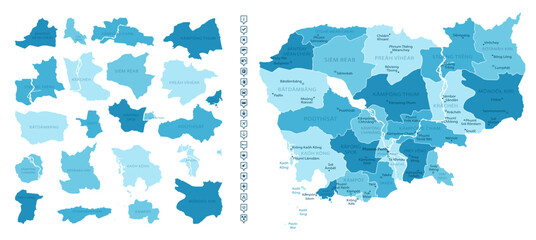 Cambodia - detailed map of the country in blue colors, divided into regions. Infographic icons. Vector illustration.