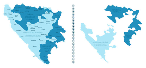 Obraz premium Bosnia and Herzegovina - detailed map of the country in blue colors, divided into regions. Infographic icons. Vector illustration.