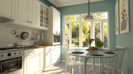 168. A bright and airy breakfast nook with decor and a blank area for a product