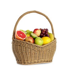 Many different fresh fruits in wicker basket isolated on white