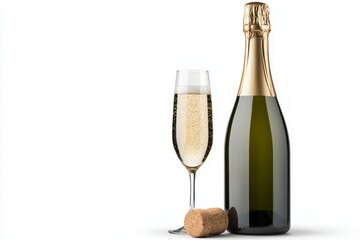 A bottle of champagne and a glass of champagne are on a white background