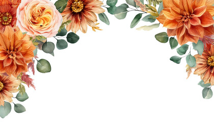 Autumn floral corner border with dahlia, rose, eucalyptus leaves in burnt orange and yellow for rustic wedding invitations, fall-themed designs, and seasonal decorations.