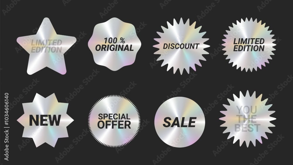 Wall mural holographic stickers logos emblem labels color set. star uneven circle. for packaging product of pro