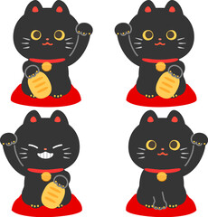 ファンシーな黒い招き猫のイラストセット