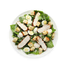 Tasty Caesar salad with chicken isolated on white, top view