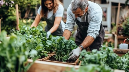 Gardening enthusiasts planting vegetables in raised beds during a sunny day in a community garden