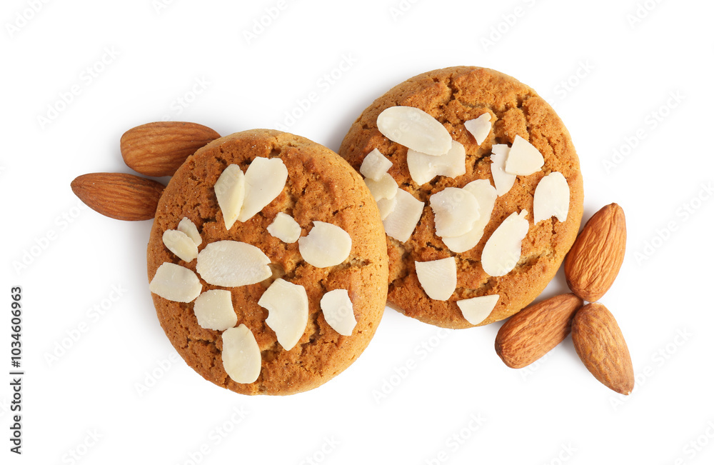 Sticker Tasty cookies with almonds isolated on white, top view