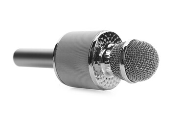 One silver karaoke microphone isolated on white
