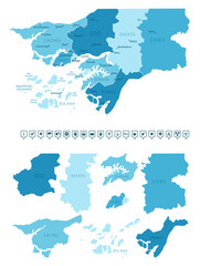 Guinea-Bissau - detailed map of the country in blue colors, divided into regions. Infographic icons. Vector illustration.