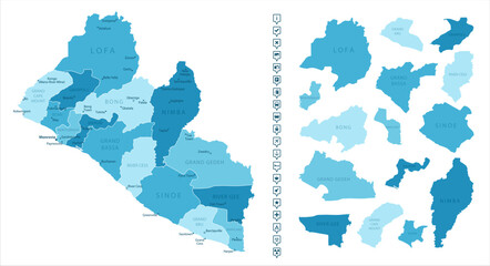 Fototapeta premium Liberia - detailed map of the country in blue colors, divided into regions. Infographic icons. Vector illustration.