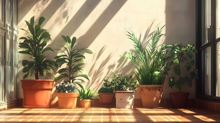 15. A sunny balcony with potted plants and an empty spot for a product