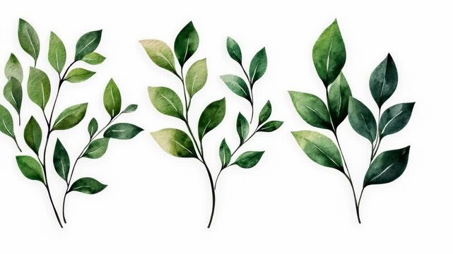 Five watercolor sprigs of green leaves are arranged horizontally on a white background