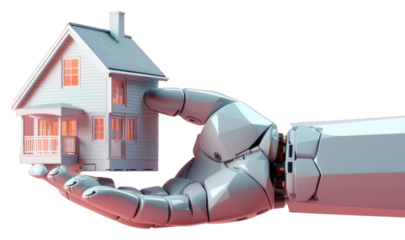 PNG 3d robot hand holidng a house toy architecture technology building.