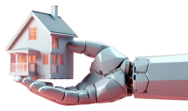 PNG 3d robot hand holidng a house toy architecture technology building.