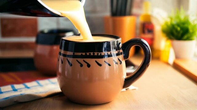 Serving atole in a handmade cup, kitchen table