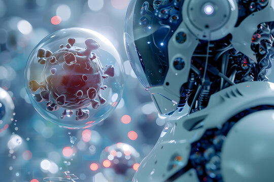 An advanced humanoid robot is intricately studying viruslike particles in a cuttingedge laboratory, symbolizing the intersection of future technology and medical research - Powered by Adobe