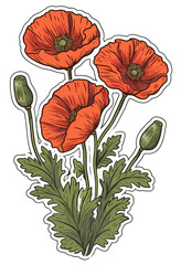 Red poppy plant cartoon sticker illustration