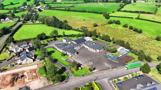 Aerial view of St Patrick's Primary School Loughguile in Co Antrim Northern Ireland 