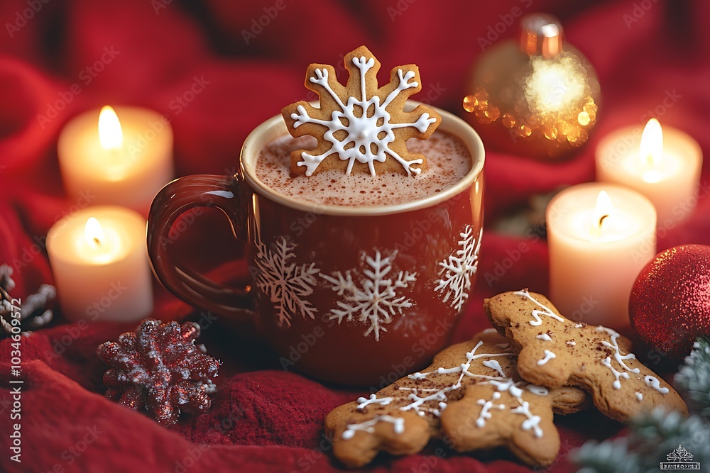 Wall mural A cup of hot cocoa with a star-shaped cookie on the side, surrounded by warm and cozy decorations