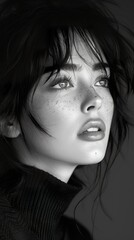 Fototapeta premium Black and White Portrait of a Woman with Freckles