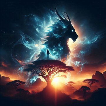 Epic Cosmic killin in African Sunset Fantasy Art