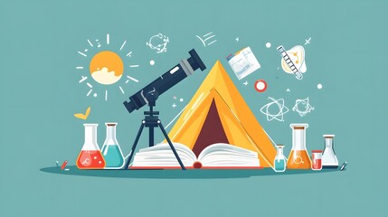 Cool flat design graphic element on science camp with telescope, microscope, science themed graphic elements and a camping tent in the shape of open book.