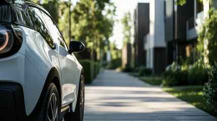 A sleek white car parked on a calm, tree-lined street, showcasing modern housing and a serene environment.