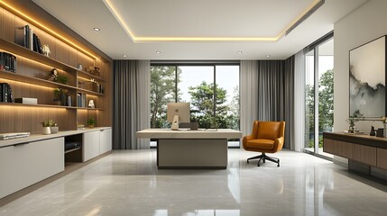 Fototapeta premium 147. A bright and airy home office with decor and an open area for a product