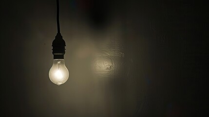 Dark empty room with single flickering light bulb casting long shadows, emphasizing absence of power and eerie atmosphere, minimalist setting with focus on light bulb's glow.