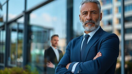 Fototapeta premium A confident businessman standing outside his office building with his arms crossed, looking at the camera with an expression of determination and wisdom