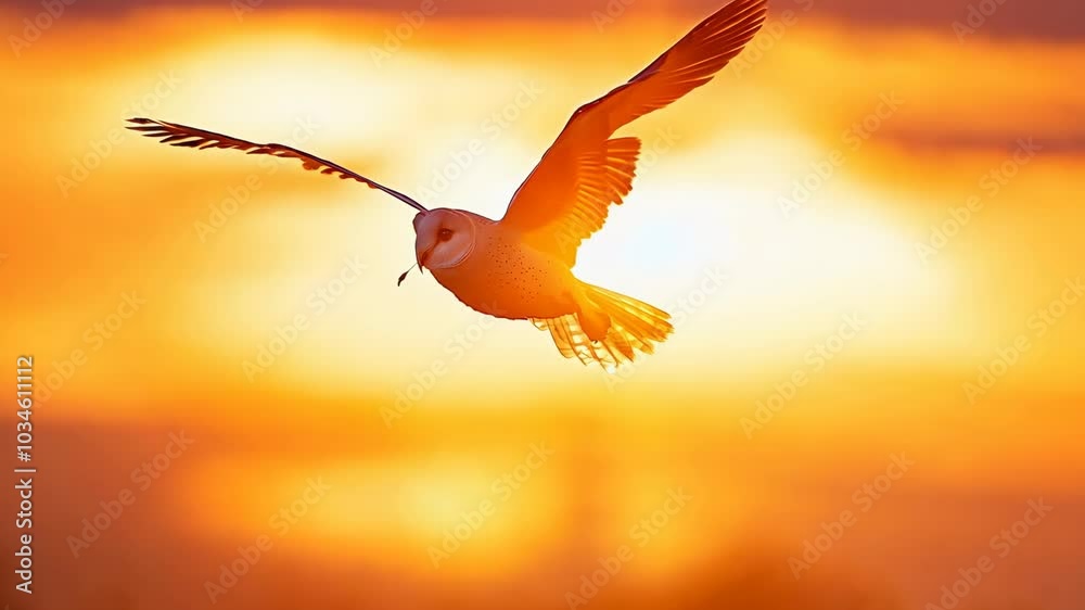 Aufkleber A white owl is flying in the sky with the sun setting in the background