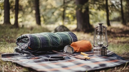 Neatly arranged camping gear in a forest clearing, emphasizing relaxation and adventure. Ideal for camping and outdoor content.