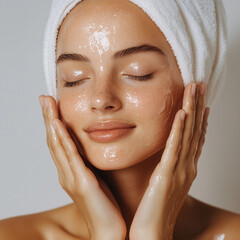 Beautiful woman skincare cream routine